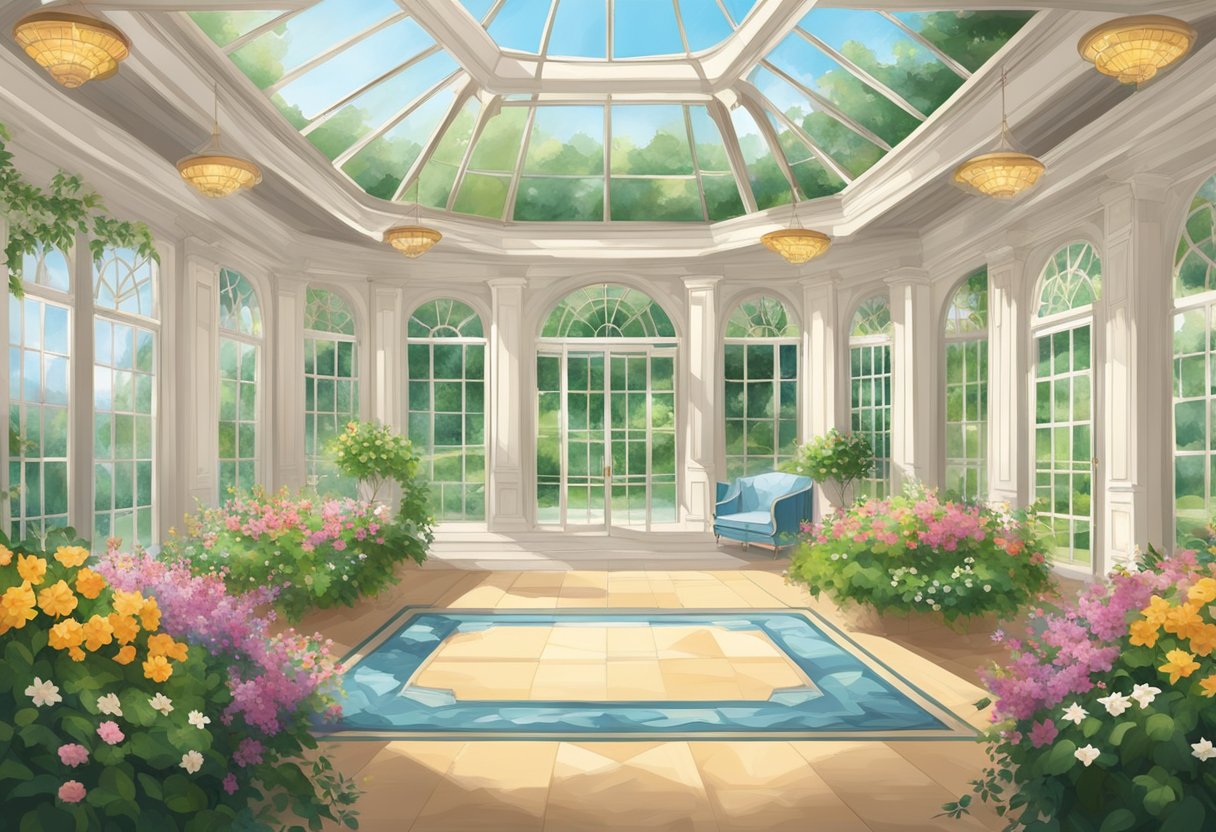 A grand ballroom with elegant chandeliers and floor-to-ceiling windows overlooking a lush garden. A beautiful gazebo stands in the center, surrounded by blooming flowers and greenery