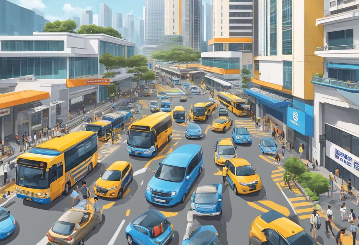 A bustling street in Singapore, with a prominent sign for ComfortDelGro Driving Centre, surrounded by various vehicles and pedestrians