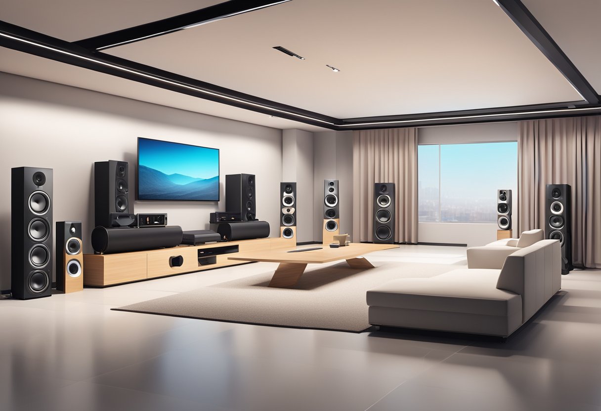 A modern, spacious showroom with rows of high-end audio equipment and speakers on display. The room is well-lit, with sleek, minimalist design and a professional, inviting atmosphere