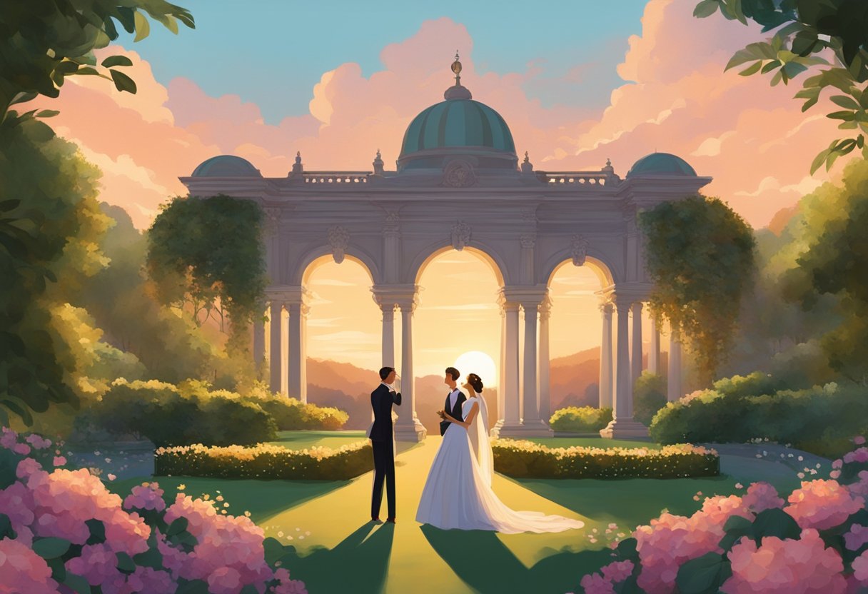A couple stands in a lush garden, surrounded by blooming flowers and elegant architecture. The sun sets behind a picturesque backdrop, casting a warm glow over the scene