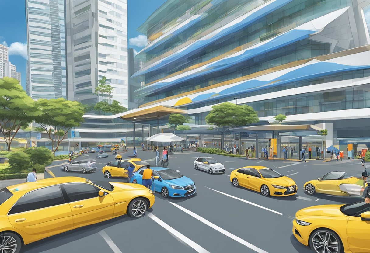 Cars entering the Ubi Avenue 4 ComfortDelgro Driving Centre in Singapore. The center is bustling with activity as vehicles navigate the entrance