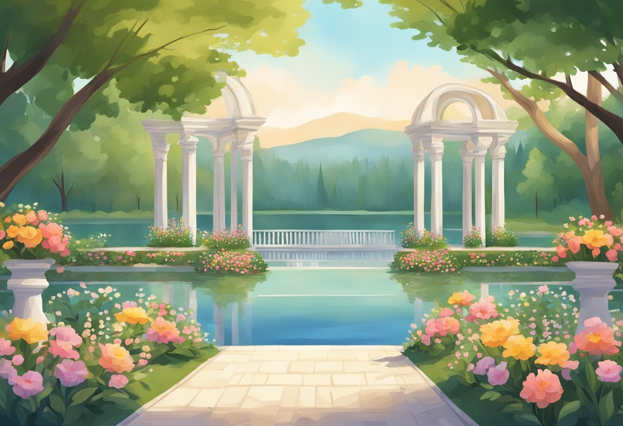 A picturesque outdoor wedding venue with lush gardens, elegant arches, and a serene lake, surrounded by tall trees and colorful flowers