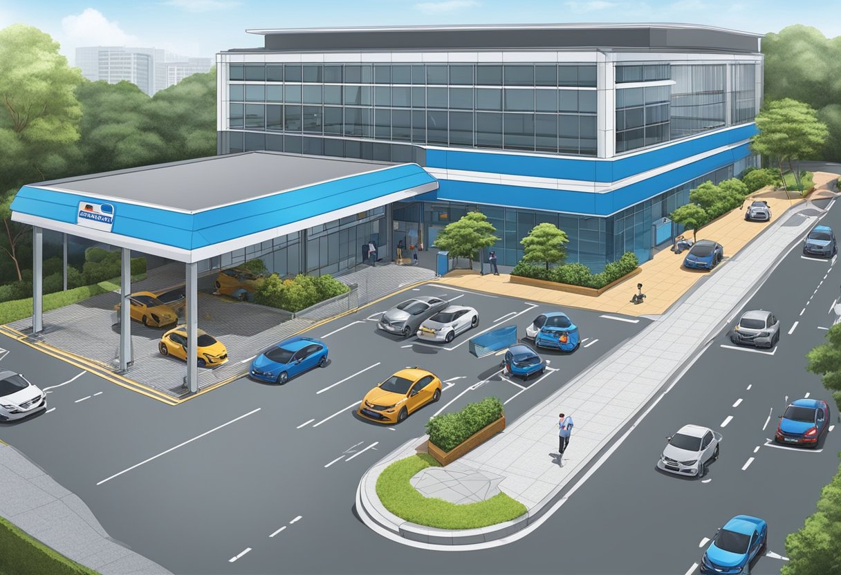 The scene depicts the modern facilities of ComfortDelGro Driving Centre on Ubi Avenue 4 in Singapore