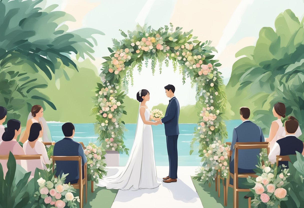 A bride and groom exchanging vows under a lush floral arch at a picturesque outdoor wedding venue in Singapore