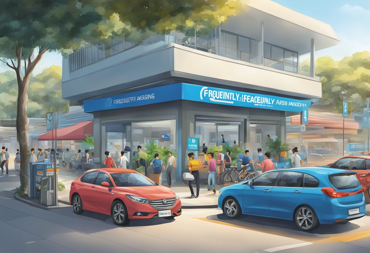 A bustling street corner with a prominent sign for "Frequently Asked Questions" at Ubi Avenue 4 ComfortDelGro Driving Centre in Singapore