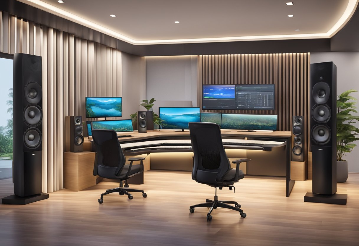 A modern audio house in Singapore with sleek design and state-of-the-art equipment, creating a welcoming and professional atmosphere for clients