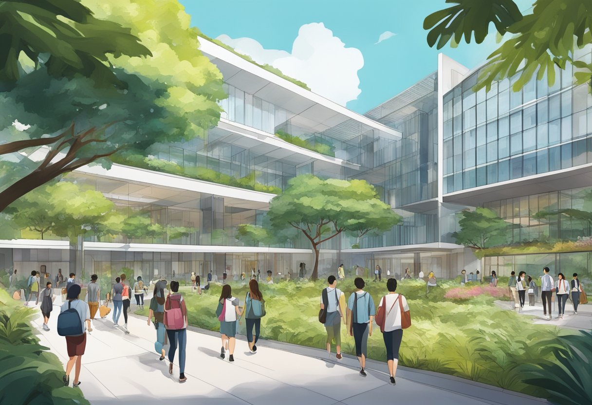 A bustling campus with modern architecture, lush greenery, and students walking between buildings at NTU Singapore