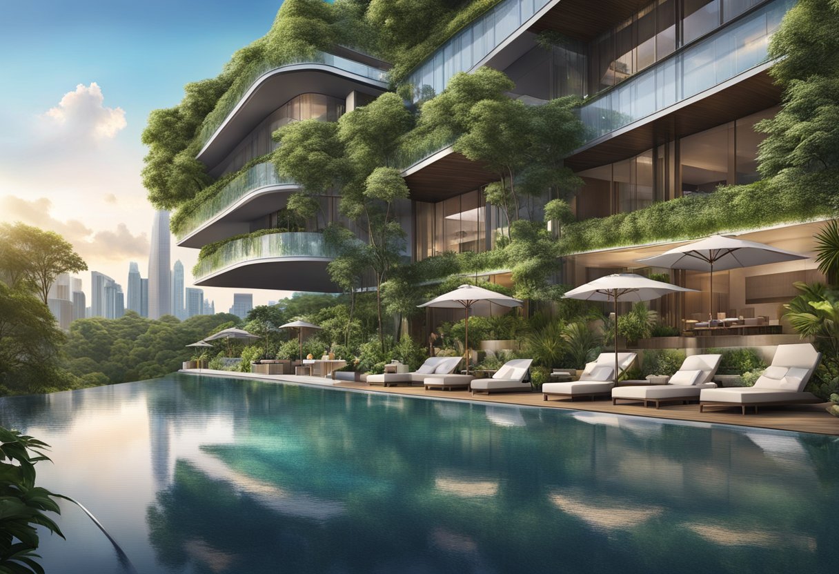 The Capella Hotel in Singapore is nestled among lush greenery, with modern architecture and a stunning infinity pool overlooking the sparkling city skyline