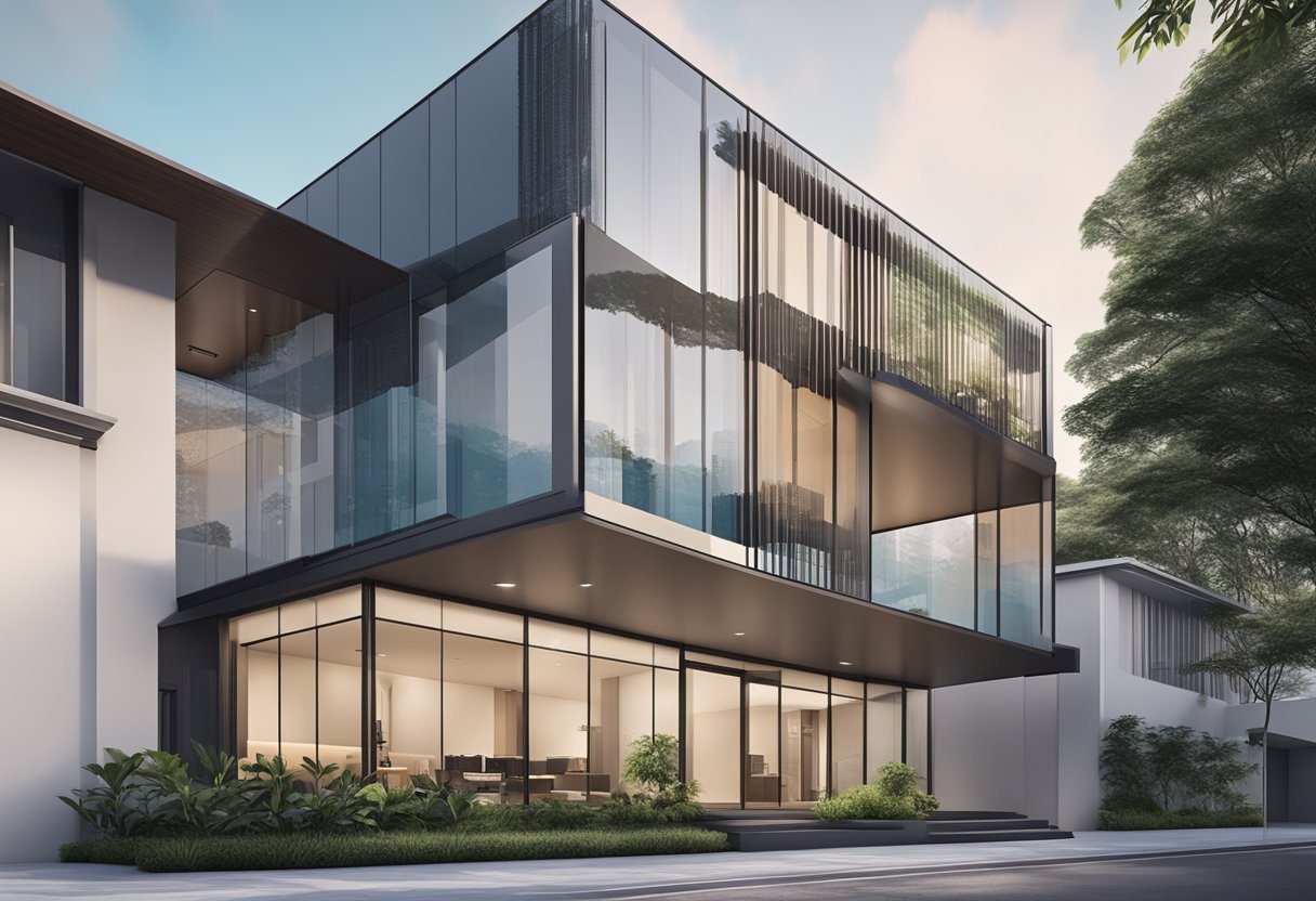 A modern audio house in Singapore with a sign reading "Frequently Asked Questions" in bold letters. The building is sleek and contemporary, with large windows and a clean, minimalist design
