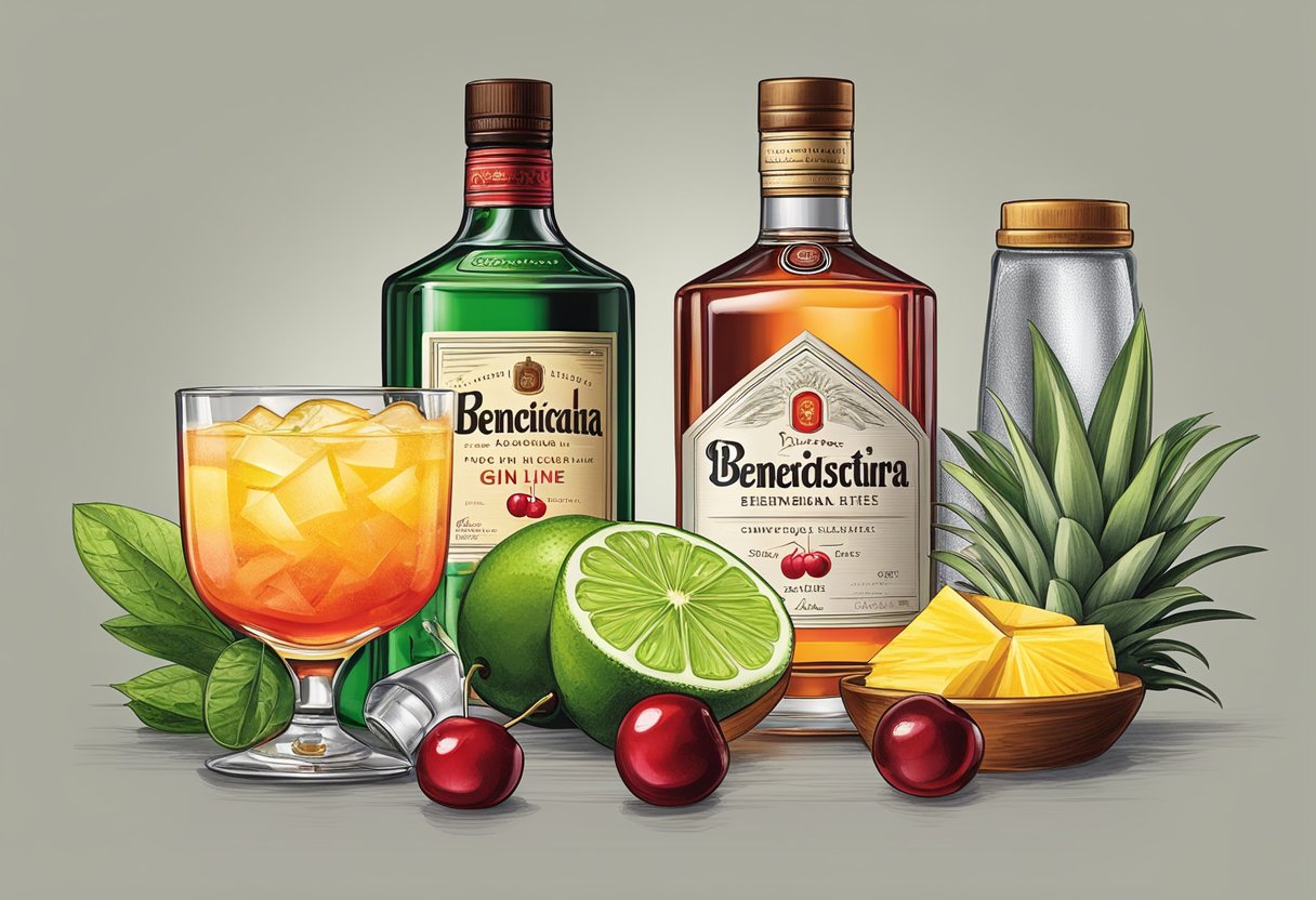 A table with a bottle of gin, cherry brandy, Cointreau, Benedictine, pineapple juice, lime juice, grenadine, and Angostura bitters, along with a shaker, strainer, and glassware