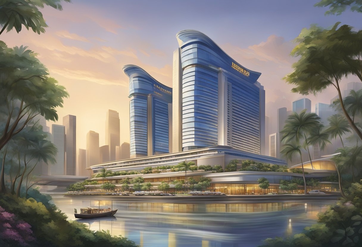 The grand Pan Pacific Hotel in Singapore, with its modern architecture and stunning city skyline view, stands tall and elegant against the backdrop of the bustling metropolis