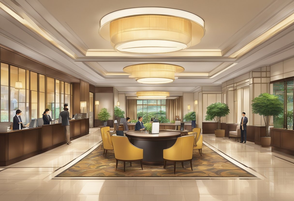 The lobby of Capella Hotel Singapore bustles with guests seeking information from the Frequently Asked Questions board. The elegant interior and warm lighting create a welcoming atmosphere