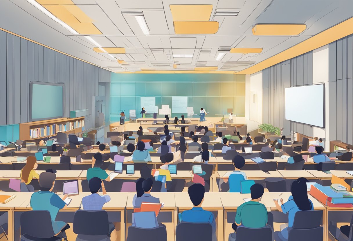 Students engaging in academic activities at NTU Singapore. Books, computers, and lecture halls are visible