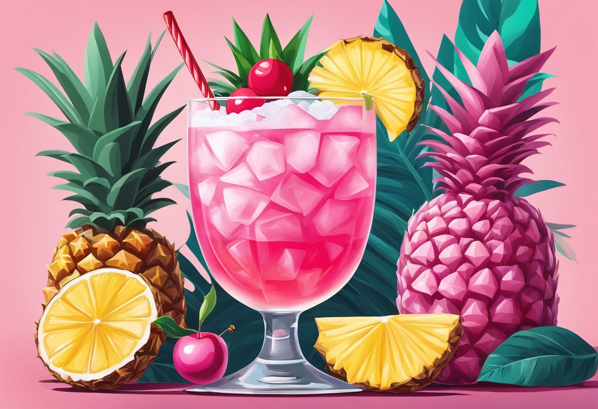A glass filled with ice, holding a vibrant pink cocktail topped with a slice of pineapple and a cherry. Surrounding the glass are the ingredients for a classic Singapore Sling