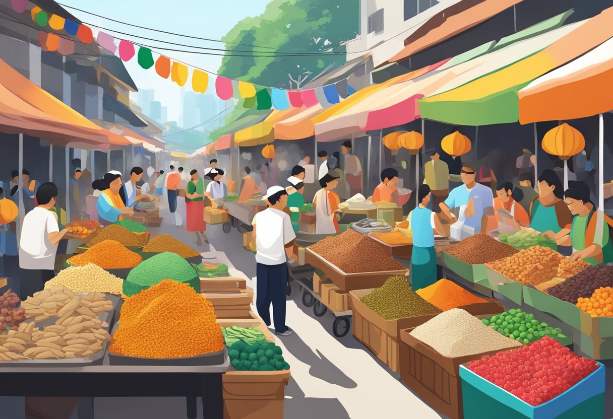 A bustling street market in Phoon Huat, Singapore, with colorful stalls and vibrant displays of spices, fruits, and baked goods