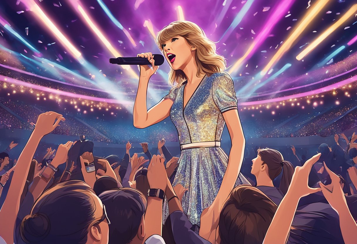 Taylor Swift performs on stage in Singapore, surrounded by a sea of excited fans waving glowing light sticks. The stadium is alive with energy and her powerful presence fills the air