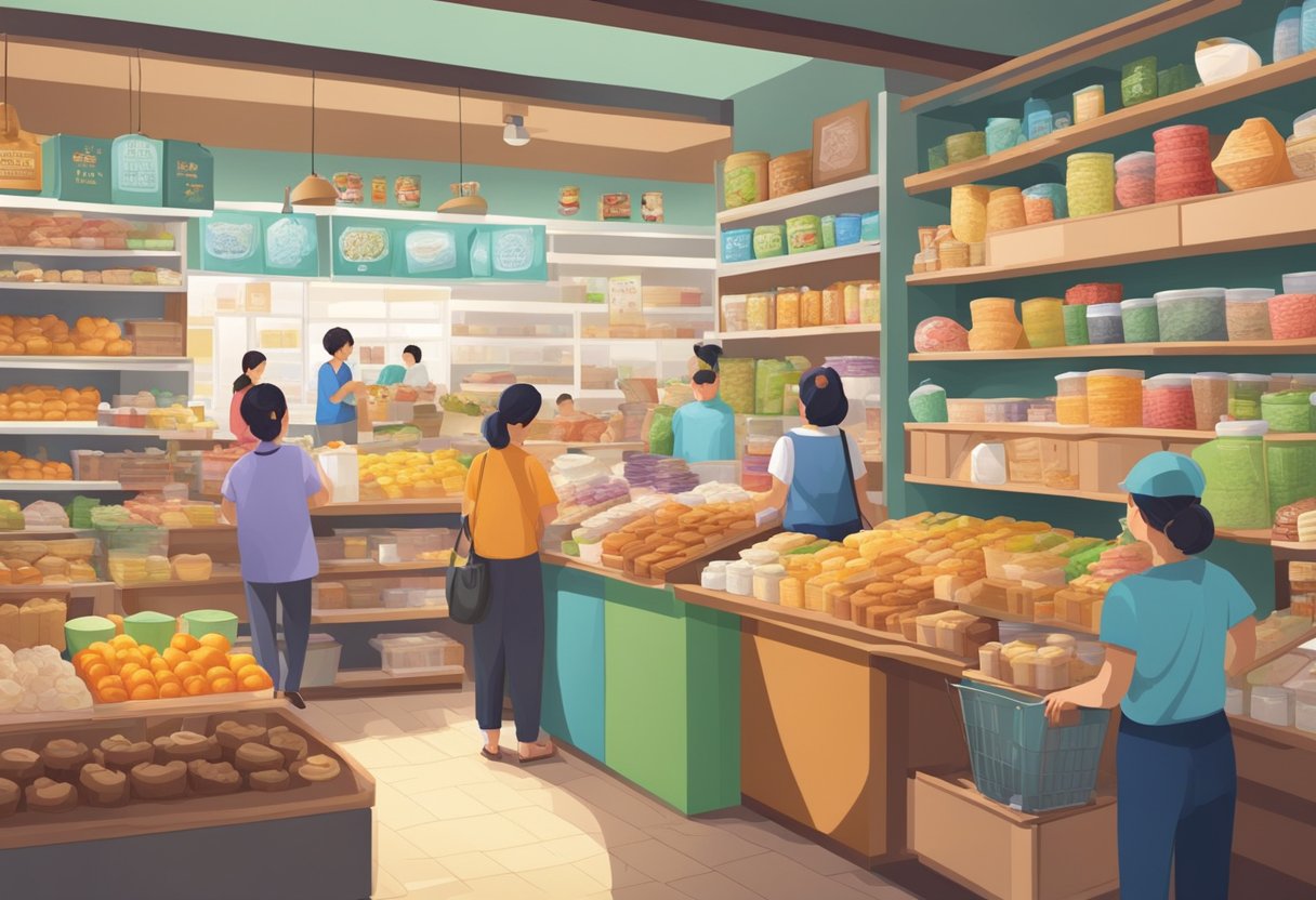 A bustling Phoon Huat store with colorful baking supplies and busy customers browsing shelves