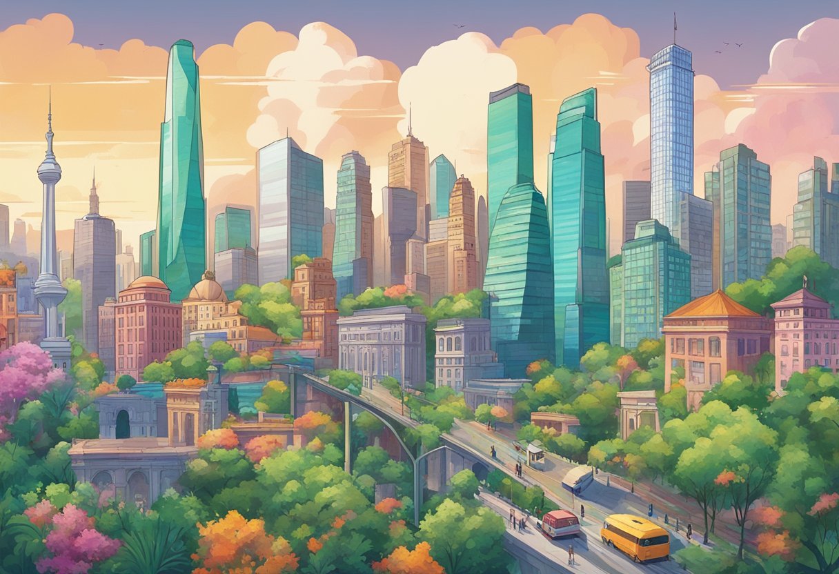 A bustling cityscape with iconic landmarks, vibrant street art, and diverse cultural influences. Skyscrapers contrast with traditional architecture, while lush greenery adds a touch of nature to the urban landscape