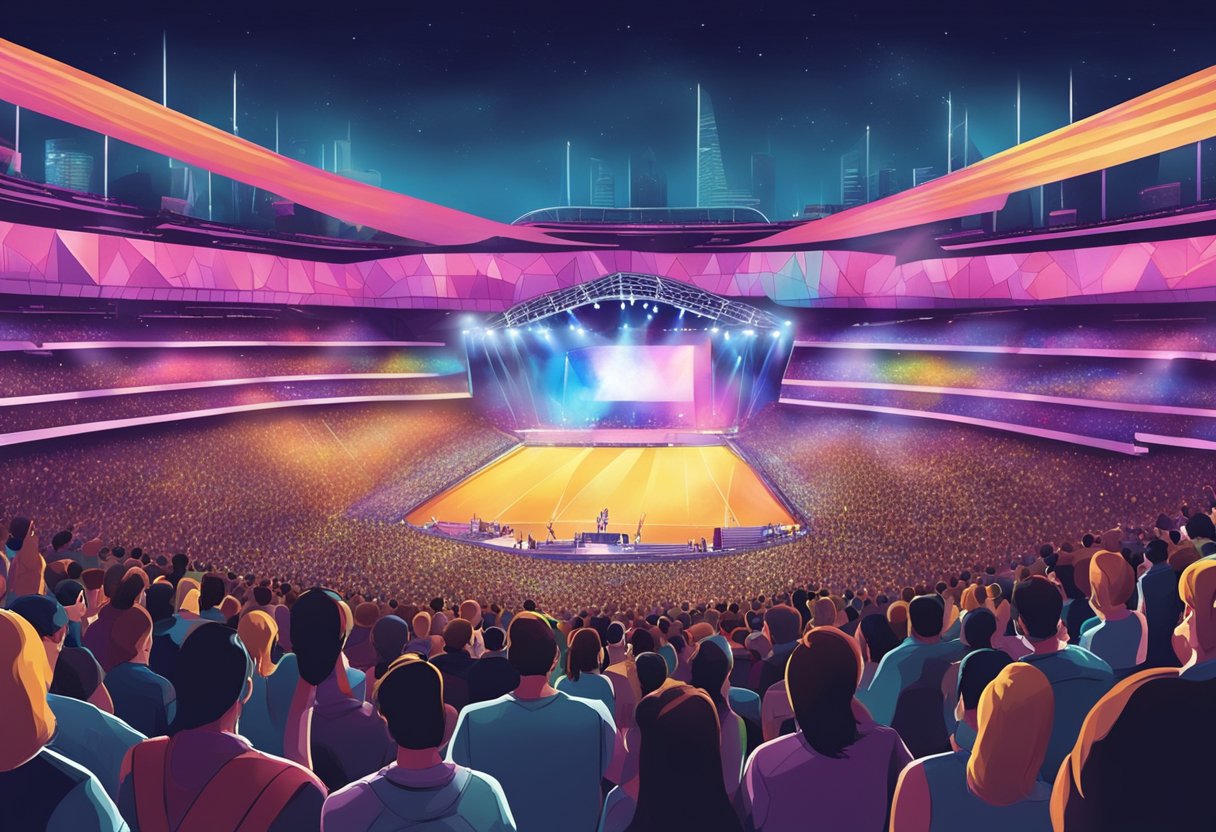 A crowded stadium with colorful lights and a stage set for a Taylor Swift concert in Singapore