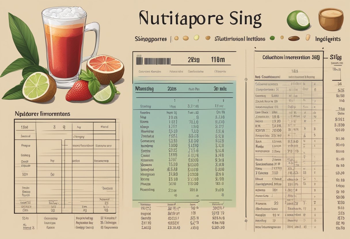 A table displays a list of nutritional information and variations for Singapore Sling ingredients