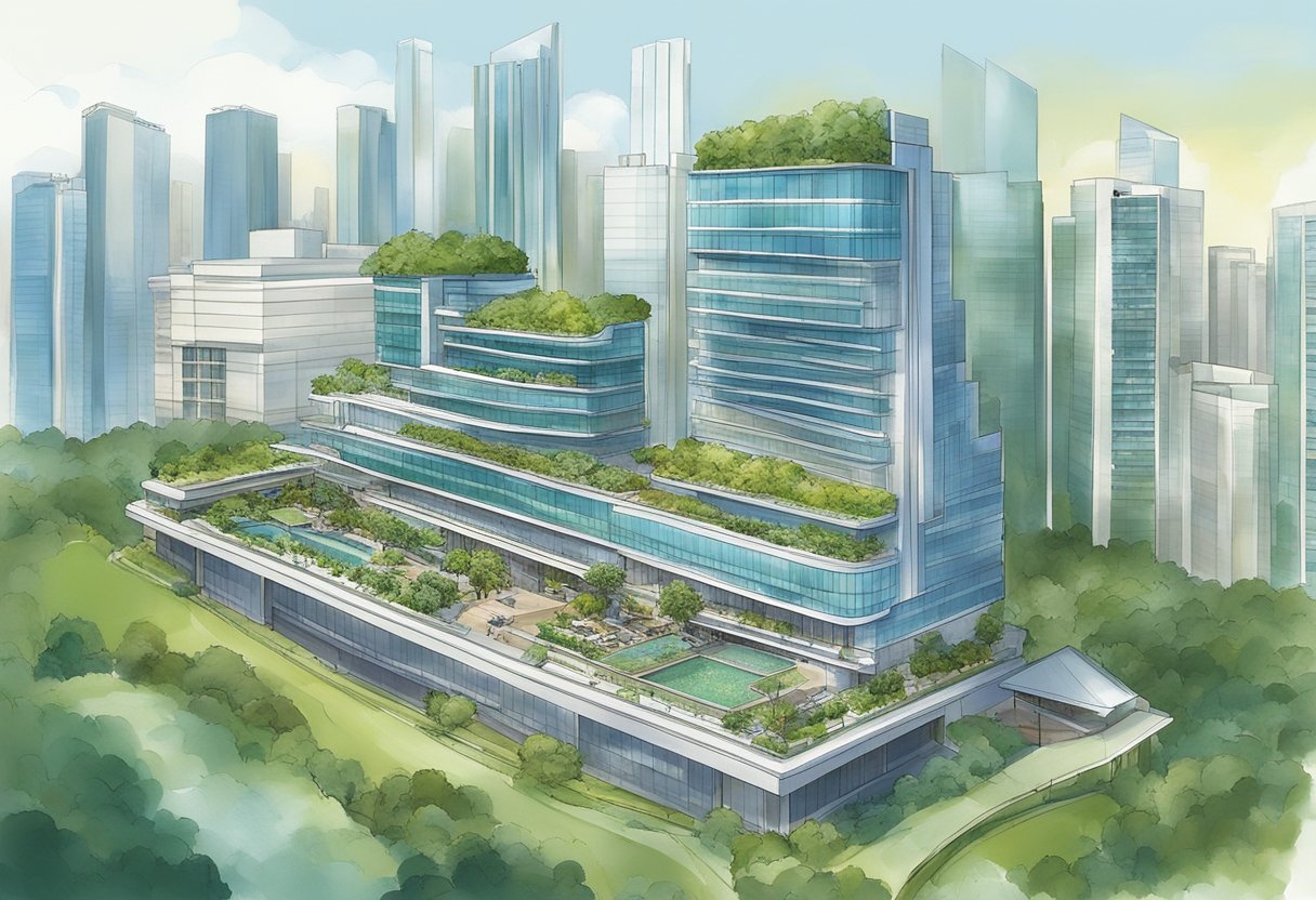 The Pan Pacific Hotel in Singapore showcases sustainability through eco-friendly services and practices. The scene includes green initiatives, renewable energy sources, and efficient waste management systems