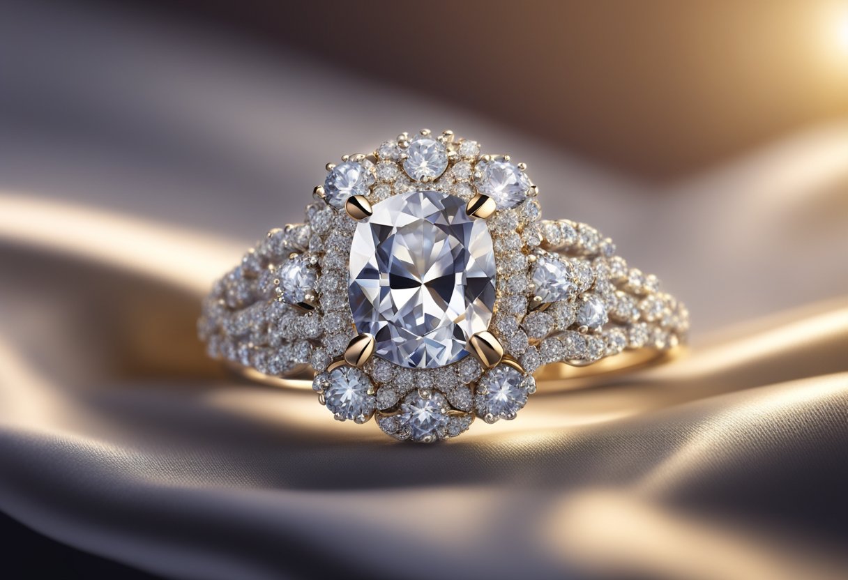 A sparkling diamond ring rests on a velvet cushion, catching the light in a luxurious Singaporean jewelry store