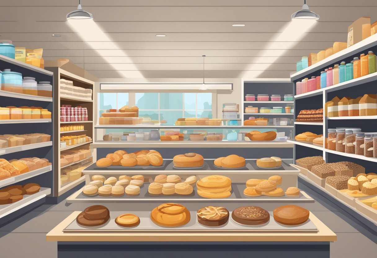 A bustling store with shelves stocked with baking ingredients and tools. Customers browse aisles filled with a variety of products. A display showcases freshly baked goods