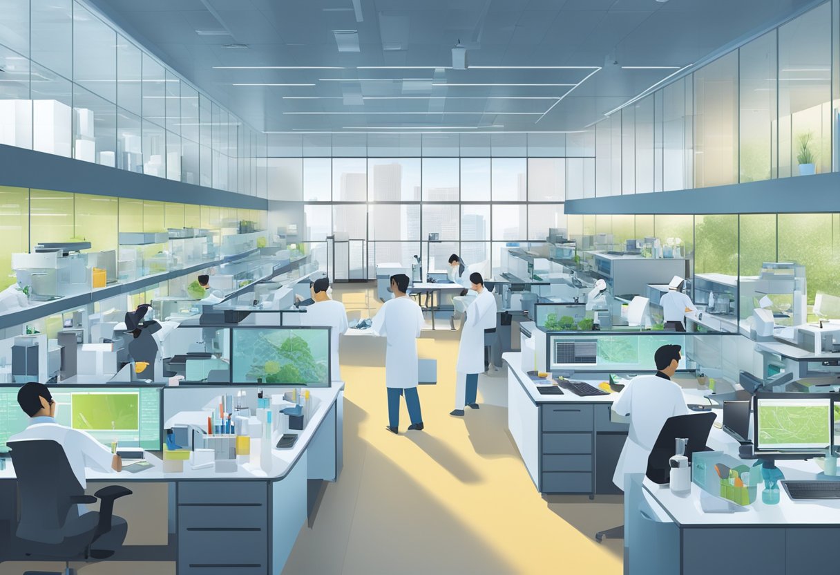 A bustling research lab at NTU Singapore, with scientists working on cutting-edge projects and innovative technology