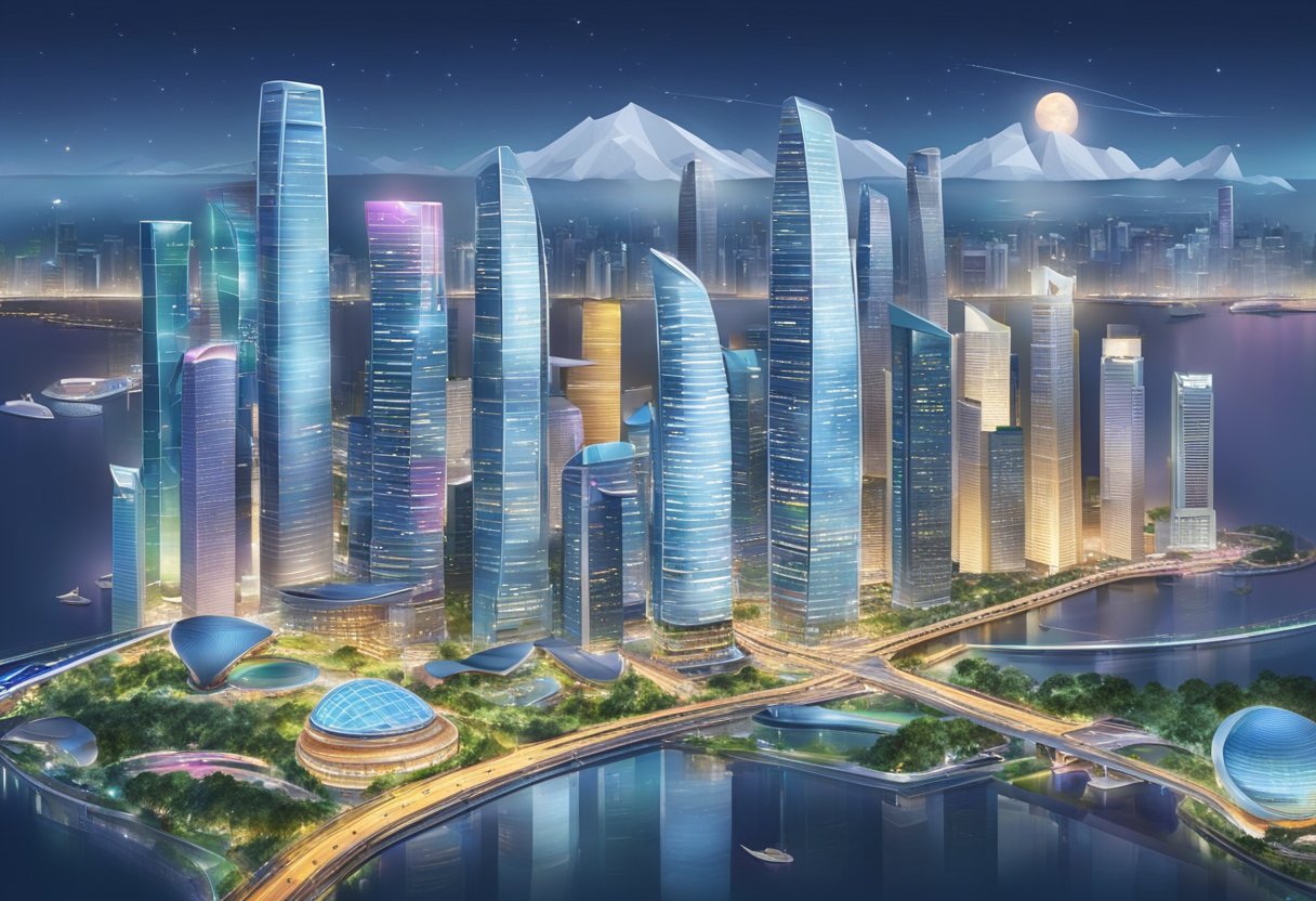 A bustling cityscape with futuristic skyscrapers and vibrant technology hubs, showcasing the cutting-edge innovation and creativity of Singapore