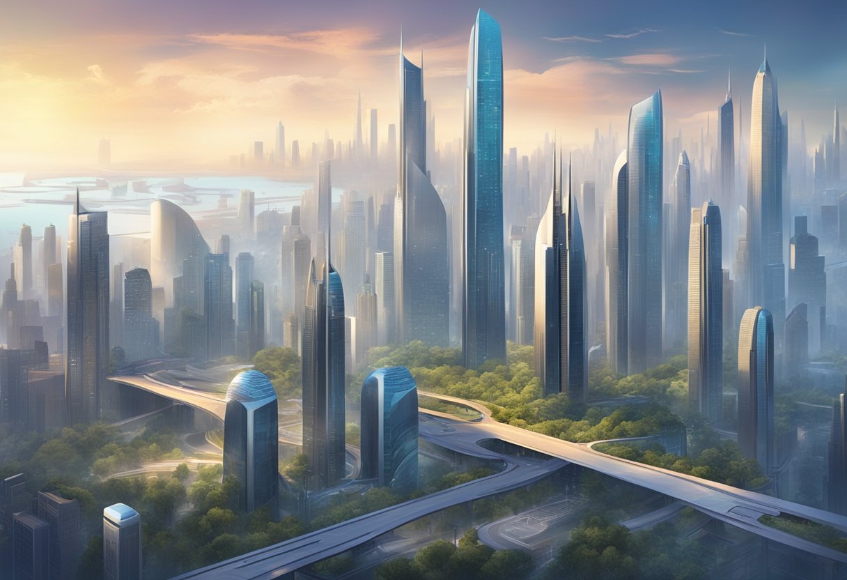 A futuristic cityscape with towering skyscrapers and sleek, advanced technology integrated into the urban environment