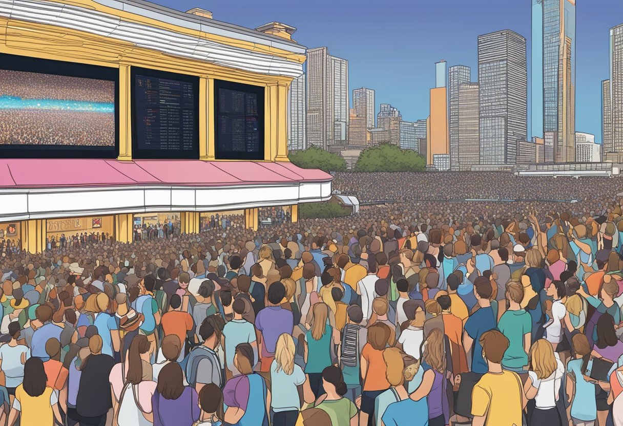 A crowded venue with Taylor Swift concert dates displayed on large screens, a line of excited fans at the visitor information booth