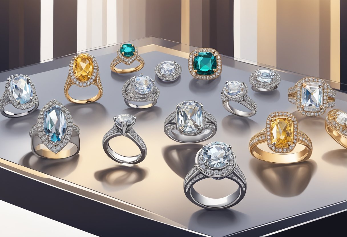 A hand reaches for a sparkling diamond ring among a selection of other rings in a luxurious jewelry store display