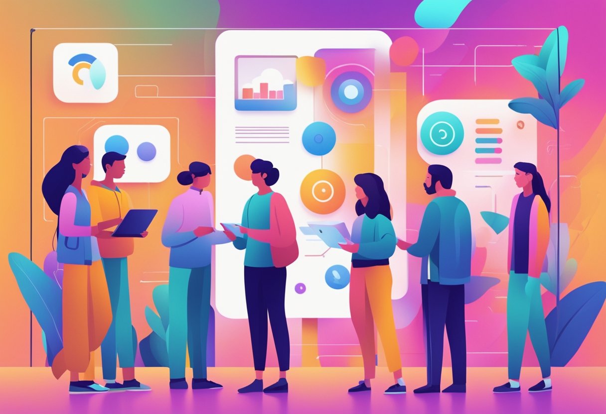 A group of people interacting with a digital interface, surrounded by vibrant colors and modern design elements