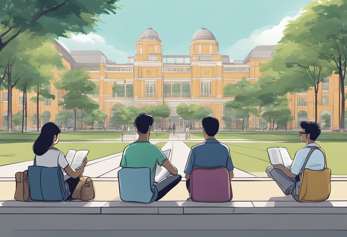 A group of people reading a sign that says "Frequently Asked Questions NTU Singapore" with a university campus in the background