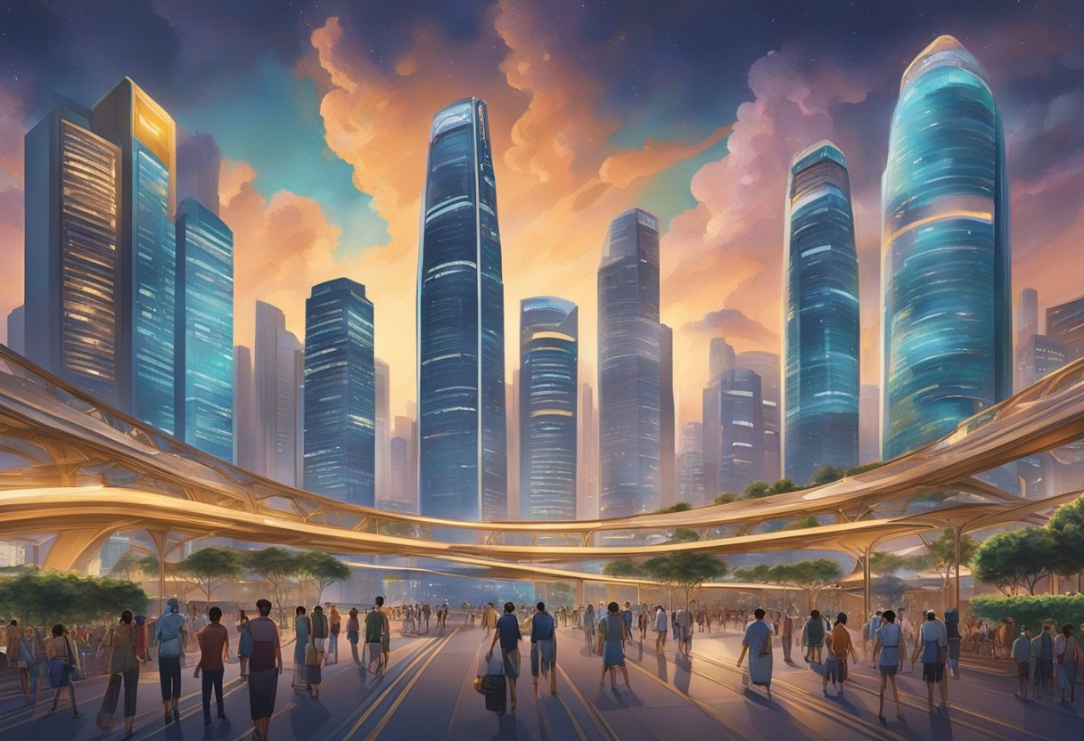 The Eternals stand amidst the bustling streets of Singapore, their otherworldly presence captivating onlookers. The city's modern skyline contrasts with their timeless aura, creating a mesmerizing scene