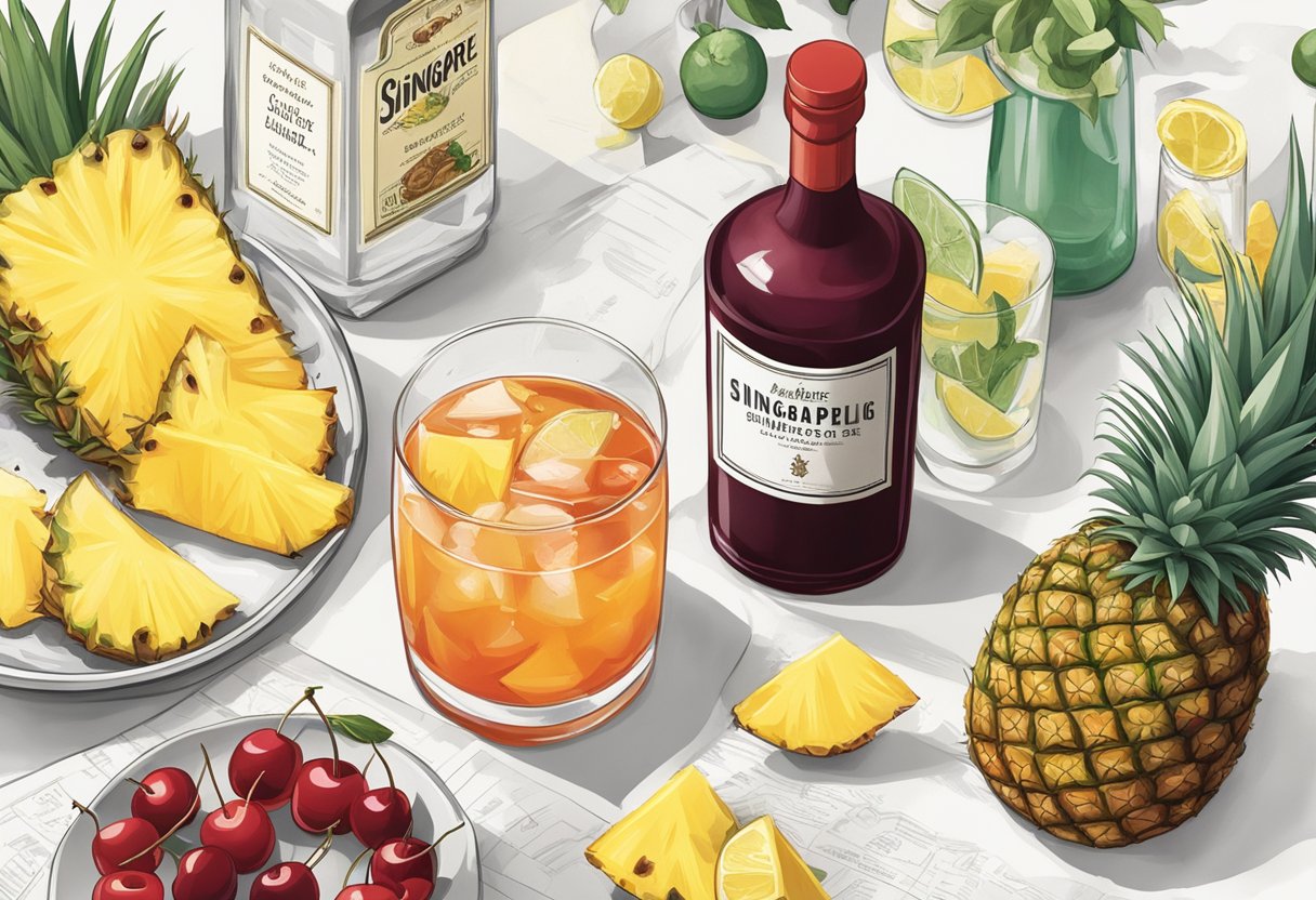 A table with various bottles and ingredients laid out, including gin, cherry liqueur, and pineapple juice. A recipe book with "Singapore Sling" written on the cover is open next to the ingredients