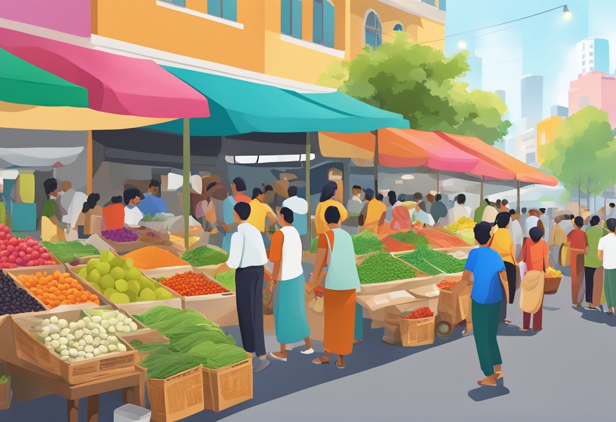 A bustling street market in Little India, with colorful storefronts and vibrant displays of fresh produce and spices