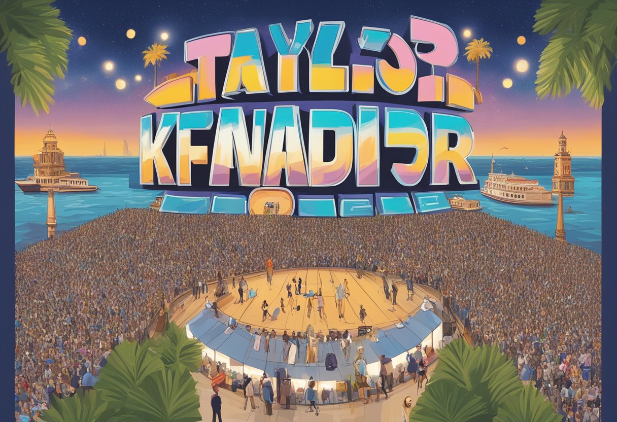 Taylor Swift's name in bold letters above a list of dates and locations, with a crowd of excited fans in the background