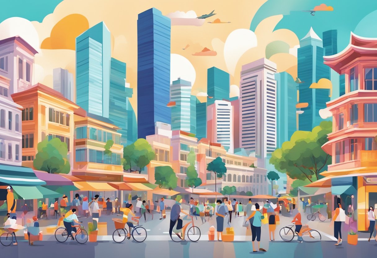 A colorful, bustling cityscape with iconic Singapore landmarks and a variety of people engaged in different activities