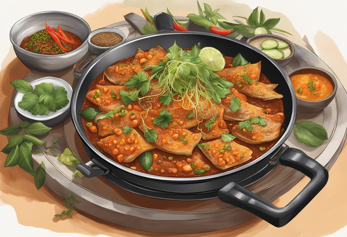 A sizzling hot plate of sambal stingray, aromatic spices, and vibrant herbs at Thevar Singapore