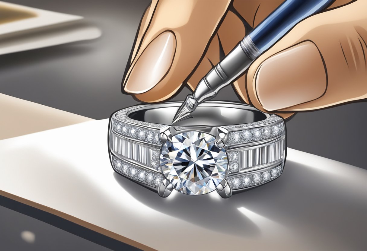 A jeweler engraves a custom design onto a sparkling diamond ring in a Singapore workshop