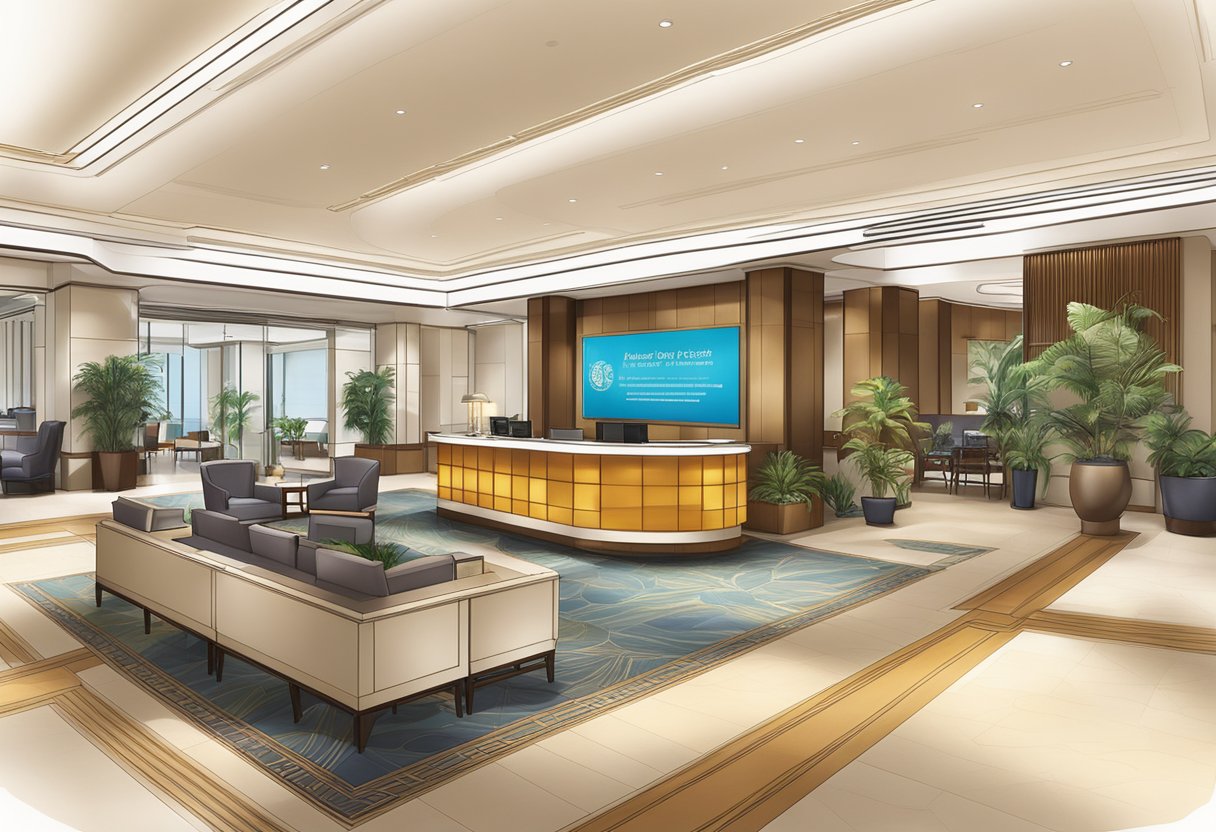 The lobby of Pan Pacific Hotel Singapore, with a front desk, seating area, and signage for Frequently Asked Questions