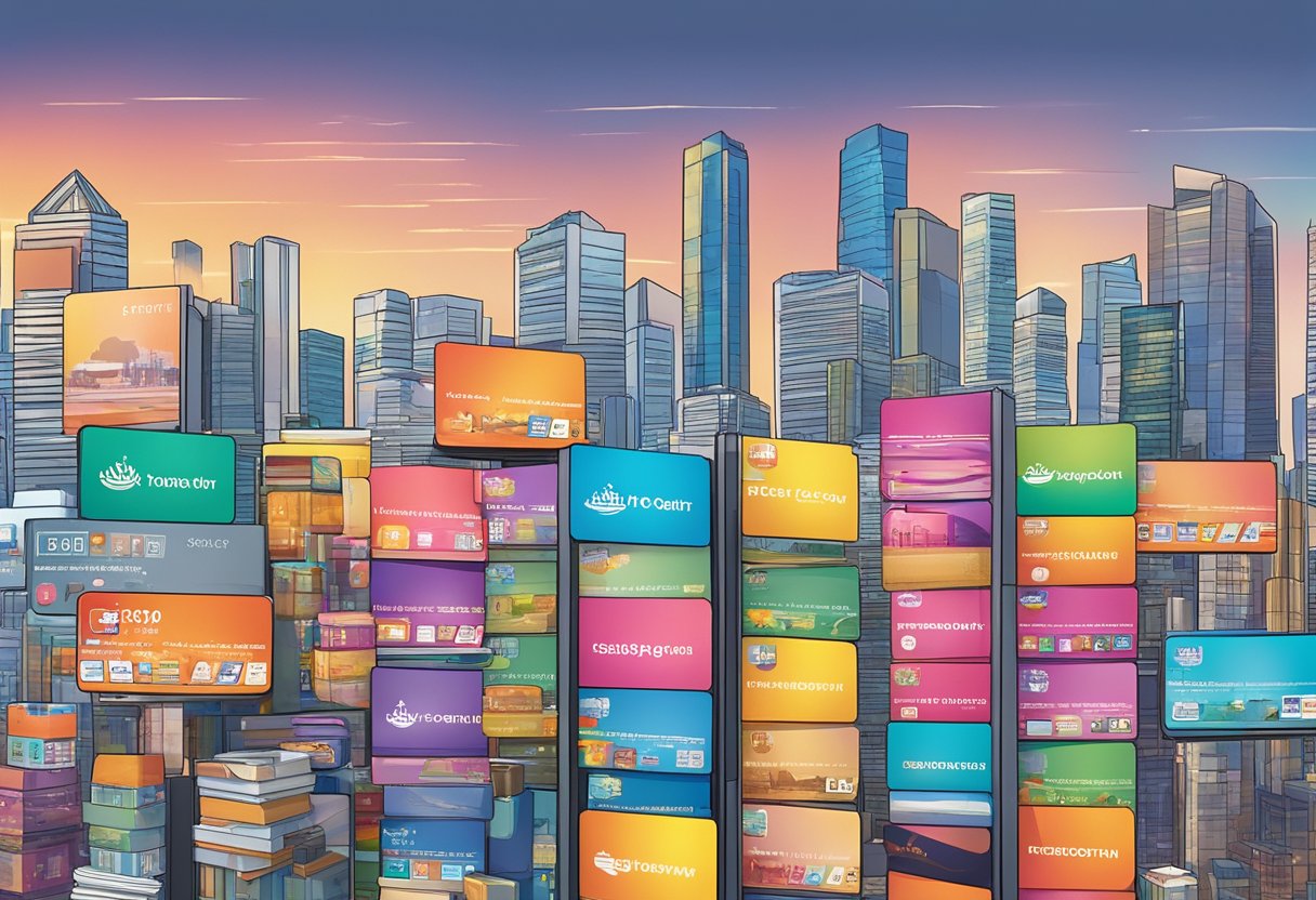 A stack of colorful gift cards arranged on a sleek, modern display stand against a backdrop of a bustling Singapore cityscape