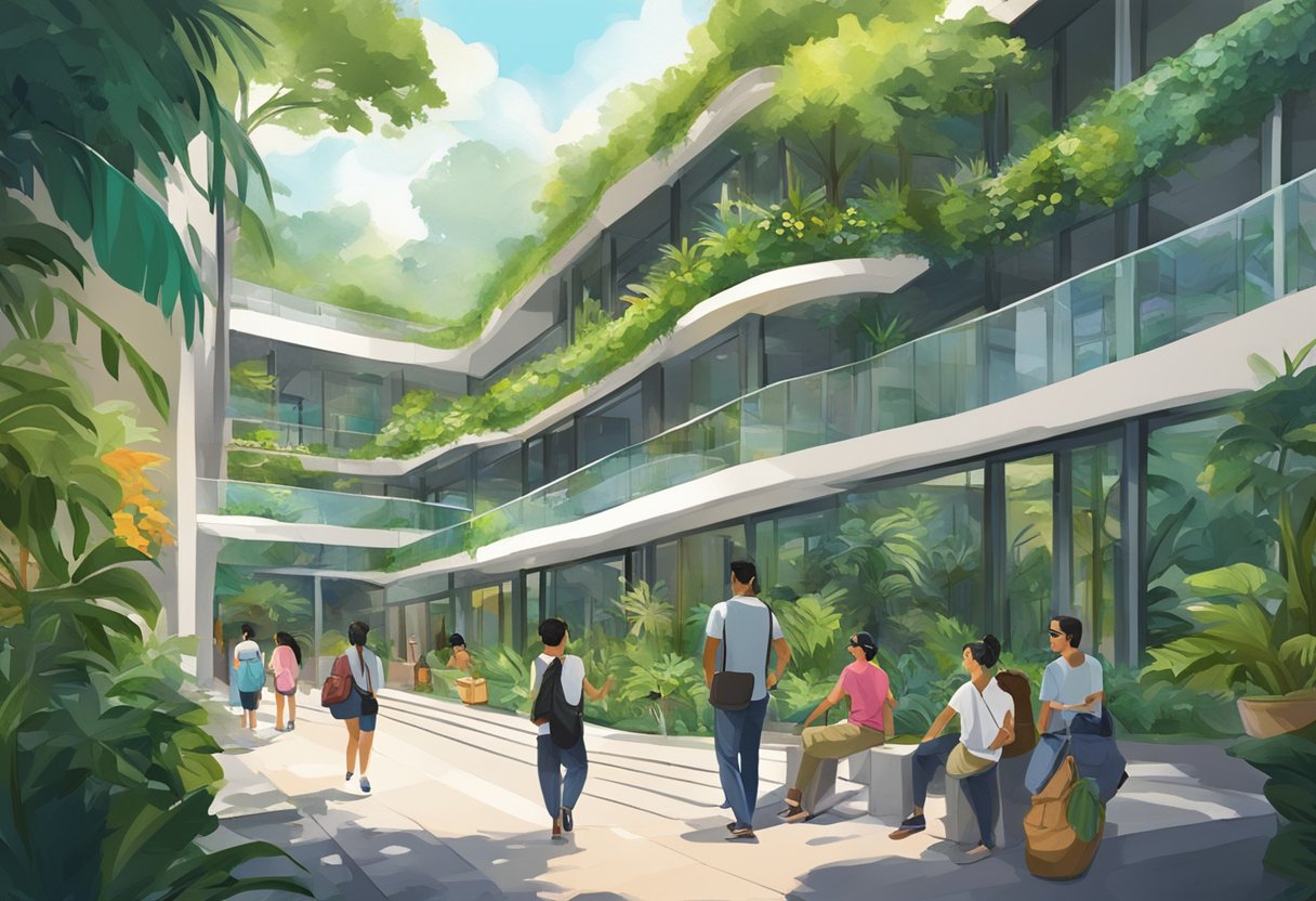 Visitors exploring TheVAR Singapore, with lush greenery, modern architecture, and a vibrant atmosphere