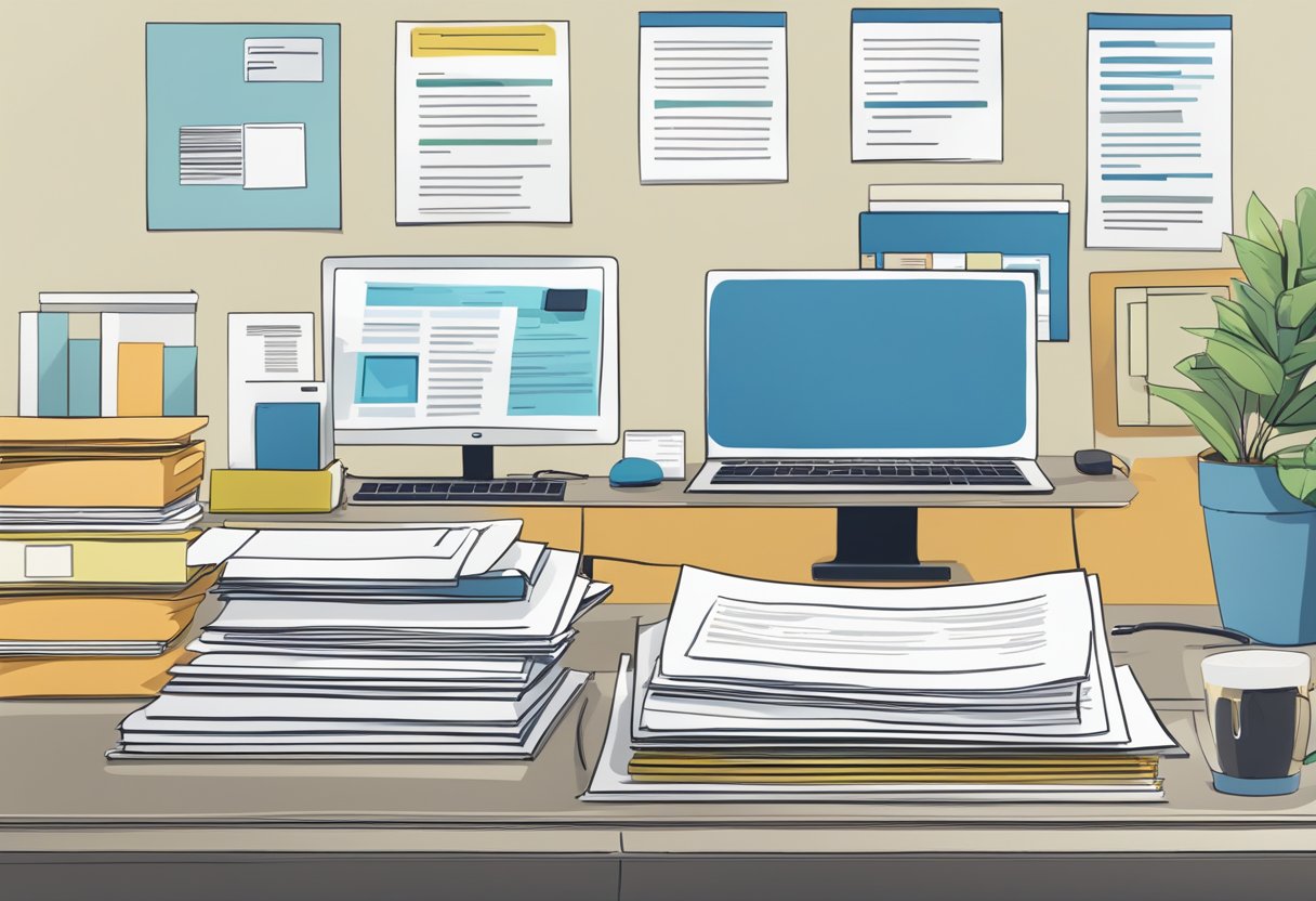 A stack of papers with "Frequently Asked Questions" printed on top, surrounded by a computer, phone, and customer service desk