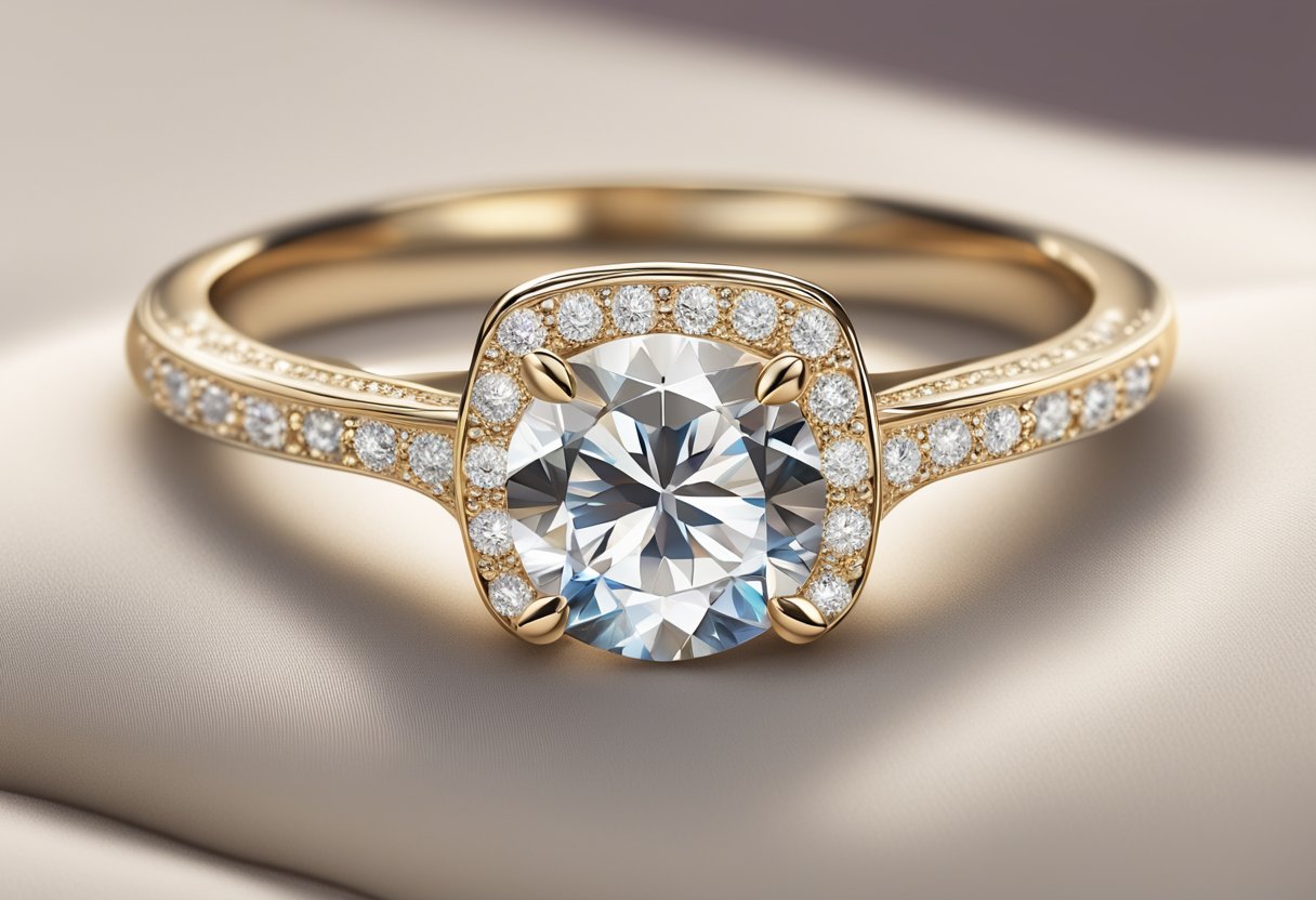 A sparkling diamond ring displayed on a luxurious velvet cushion with the words "Frequently Asked Questions" written in elegant script above