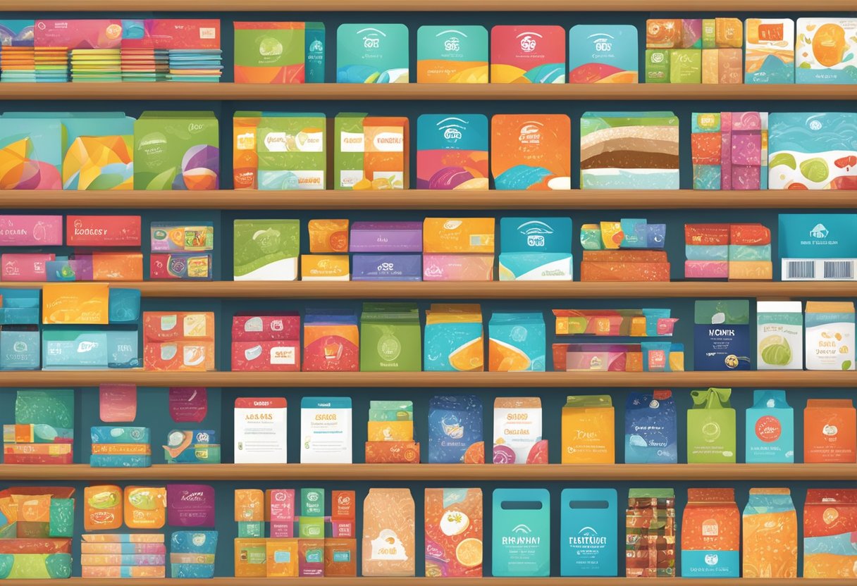 Various gift cards displayed on shelves with labels, including retail, dining, and entertainment options. Bright and colorful packaging