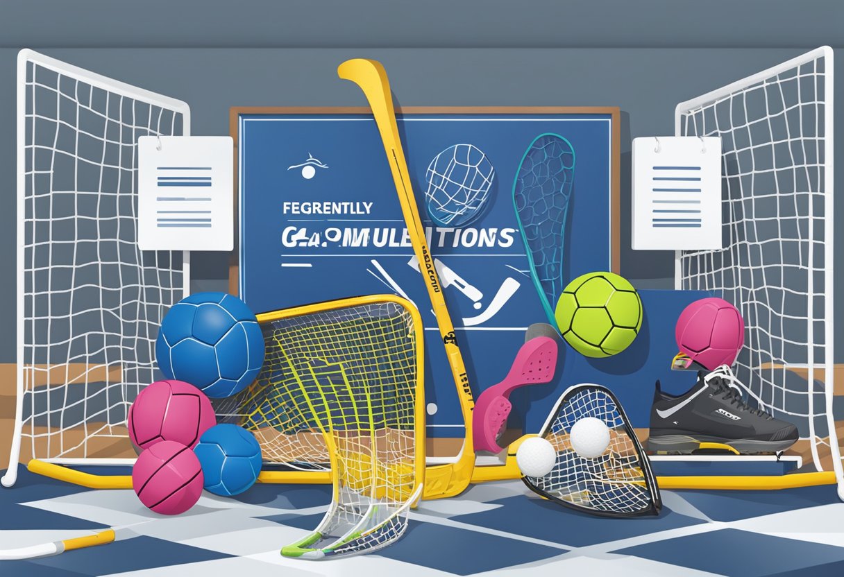 Floorball equipment arranged in a neat display, with a sign reading "Frequently Asked Questions" in the background
