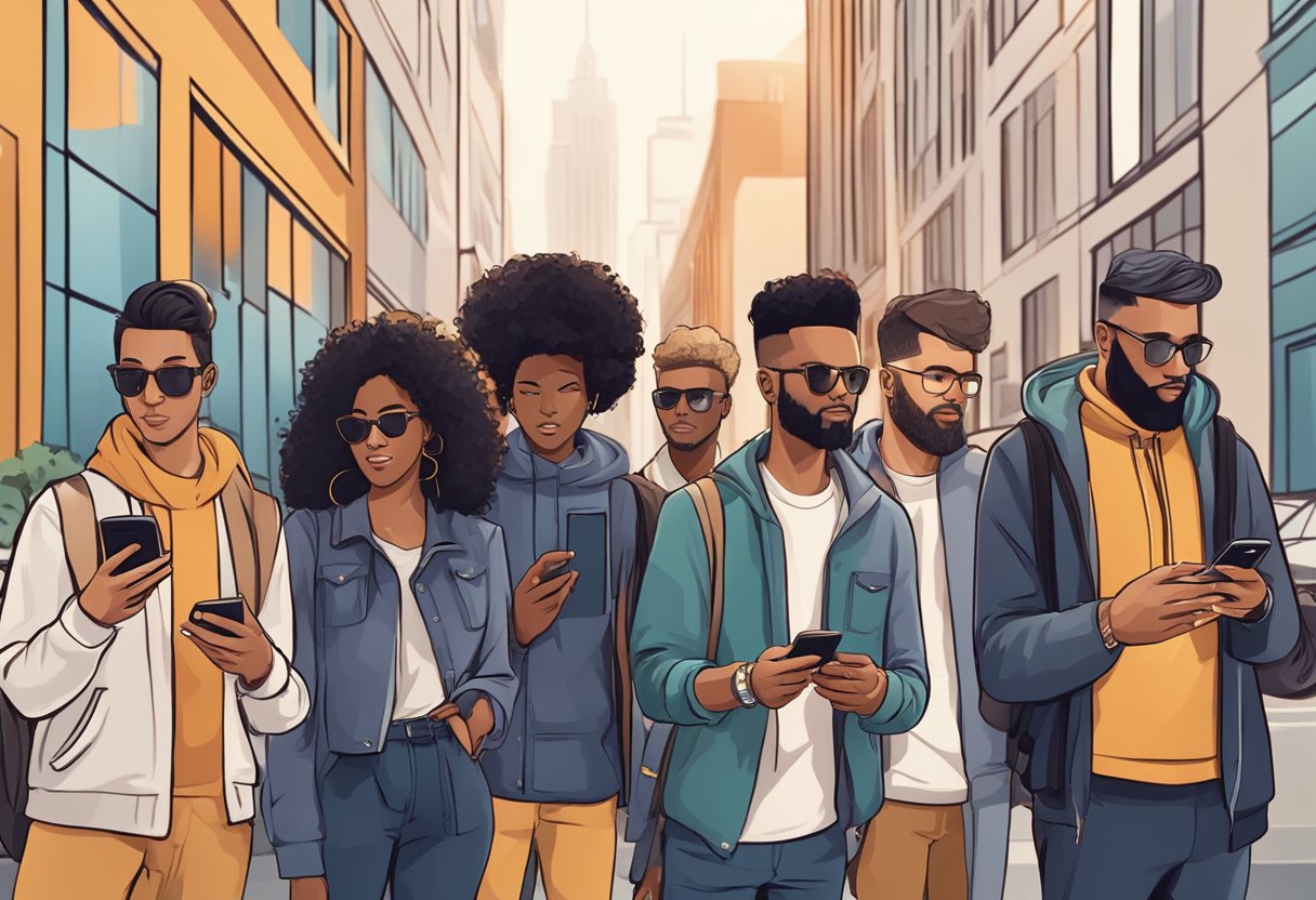 A group of diverse individuals in stylish attire gather in a modern urban setting, capturing content on their smartphones and engaging with their followers