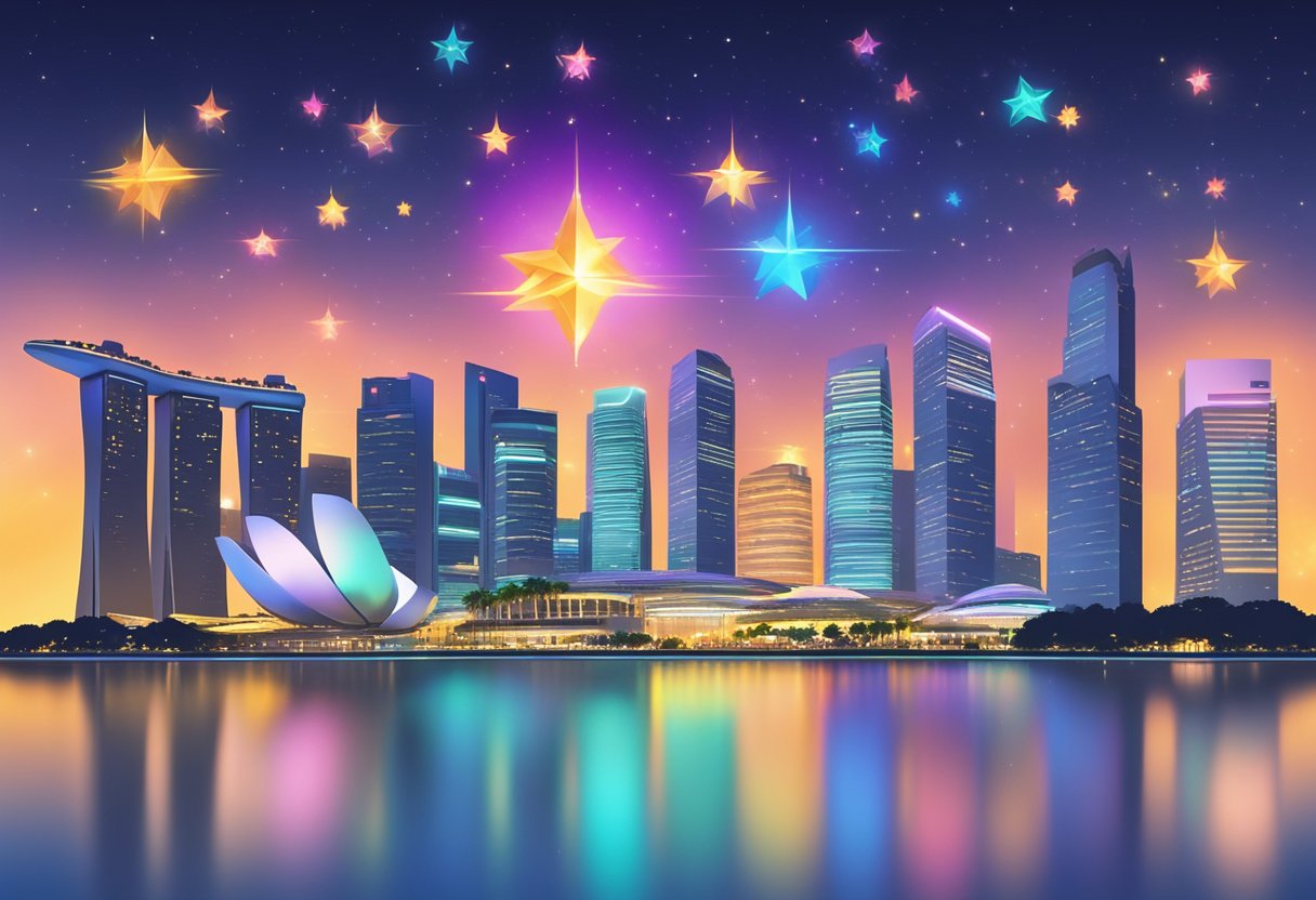 A group of colorful, glowing stars emerge from the skyline of Singapore, symbolizing the rising influence of social media influencers in the city